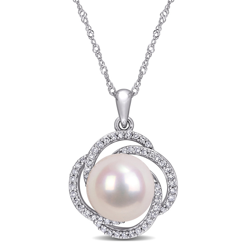 10-10.5 MM Cultured Freshwater Pearl and 1/4 CT TW Diamond Swirl Necklace in 14k White Gold