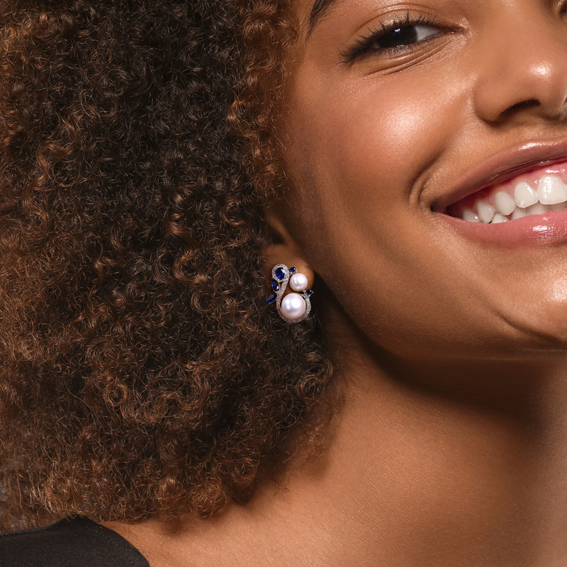 Cultured Freshwater Pearl and Created Sapphire and 1/3 CT TW Diamond Swan Stud Earrings in 10k White Gold