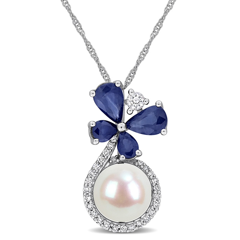 7.5-8 MM Cultured Freshwater Pearl and Sapphire White Sapphire and 1/8 CT TW Diamond Butterfly Drop Necklace in 10k White Gold