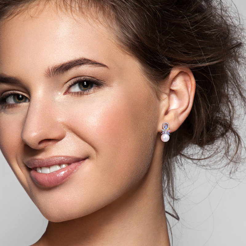 9-9.5 MM Cultured Freshwater Pearl and Multi Sapphire (Light Blue, White, Yellow, Pink, Purple & Green) and 1/8 CT TW Diamond Flower Drop Earrings in 14k White Gold