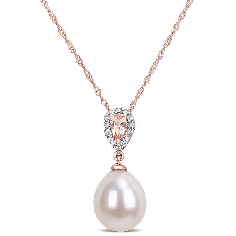 9 - 9.5 MM Cultured Freshwater Pearl, 1/4 CT TGW Morganite and Diamond-Accent Drop Pendant with Chain in 10k Rose Gold