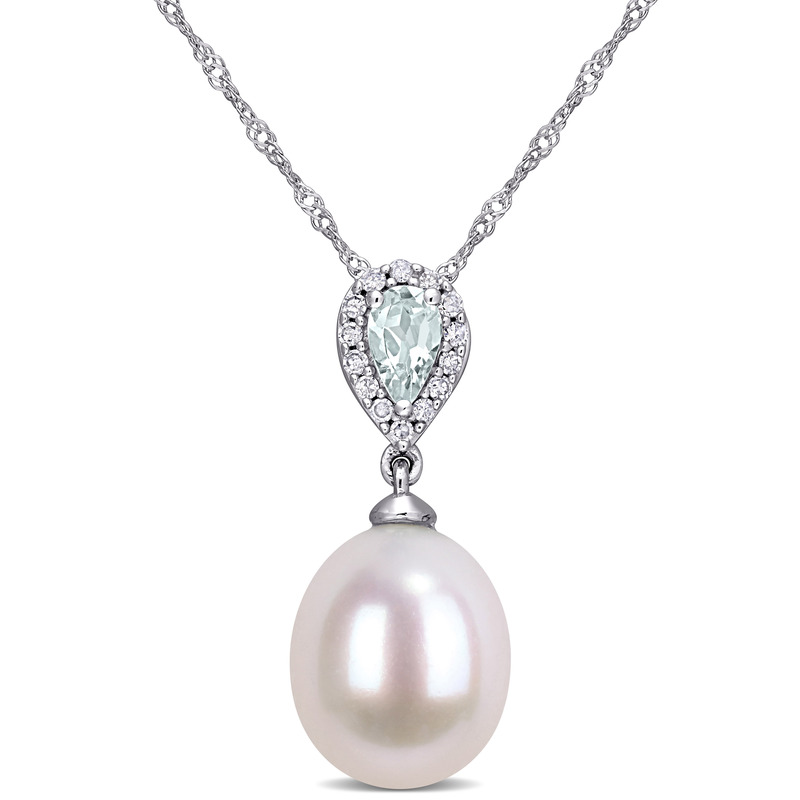 9-9.5 MM Freshwater Cultured Pearl 1/5 CT TGW Aquamarine and Diamond Accent Drop Pendant with Chain in 10k White Gold