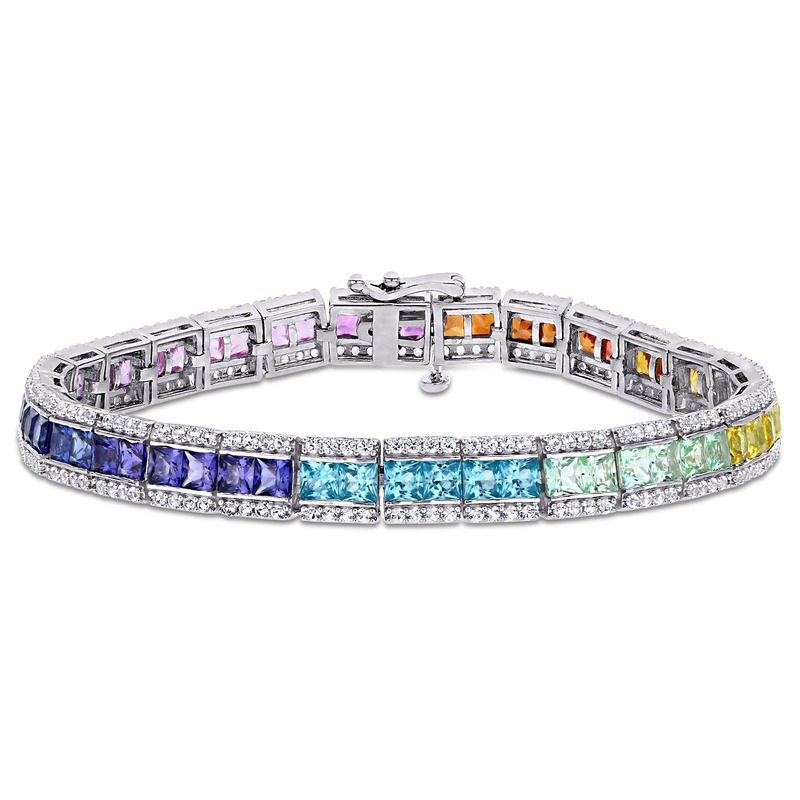 12 1/2 CT TGW Multi-Color Square Created Sapphire Tennis Bracelet in Sterling Silver