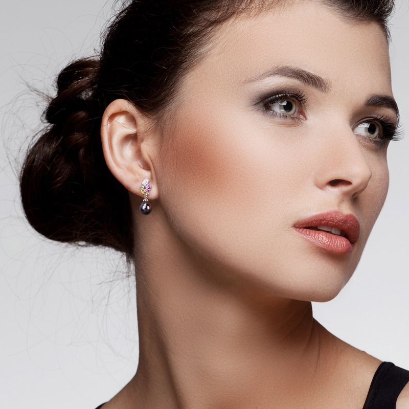 9 - 9.5 MM Black Tahitian Cultured Pearl and 1 3/4 CT TGW Sky Blue Topaz Rose de France Green Amethyst & White Topaz Drop Earrings in 10k White Gold