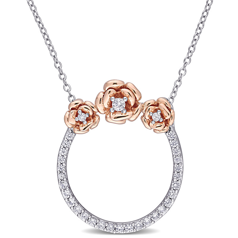 3/5 CT TGW Created White Sapphire Rose Open Circle Pendant with Chain in Two-tone White and Rose Plated Sterling Silver