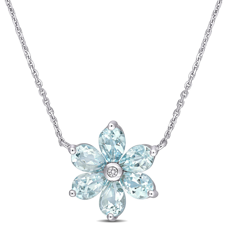 2 3/8 CT TGW Aquamarine and Diamond Accent Floral Pendant with Chain in 14k White Gold