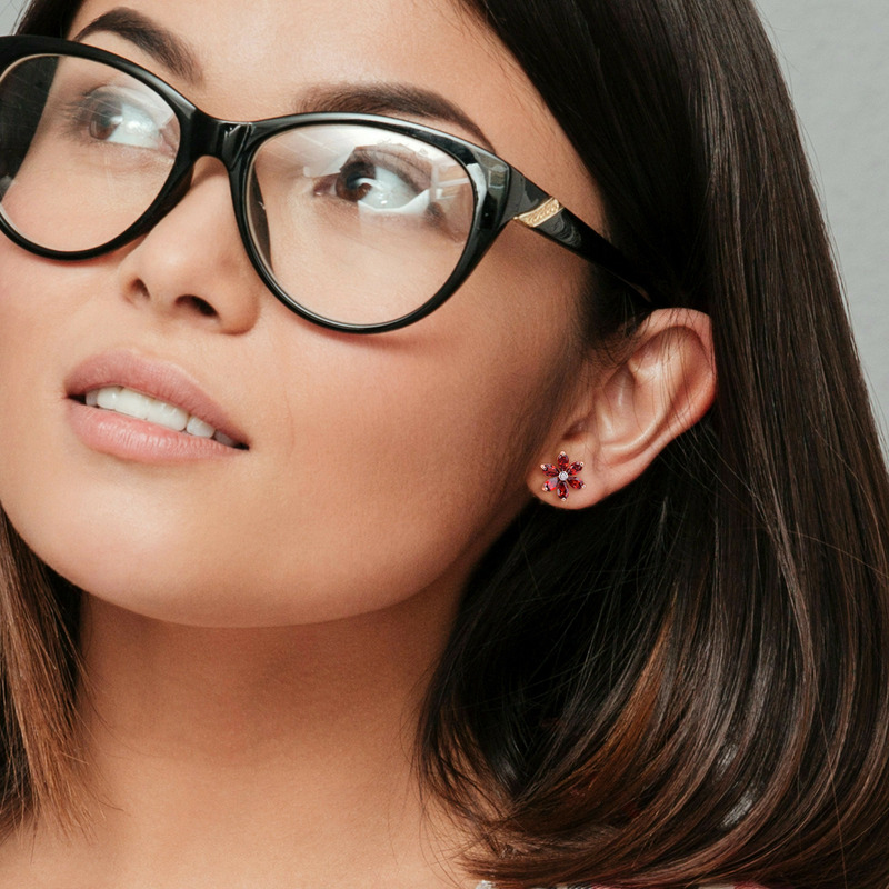 3 1/4 CT TGW Garnet and Diamond Accent Floral Stud Earrings in 10k Rose Gold