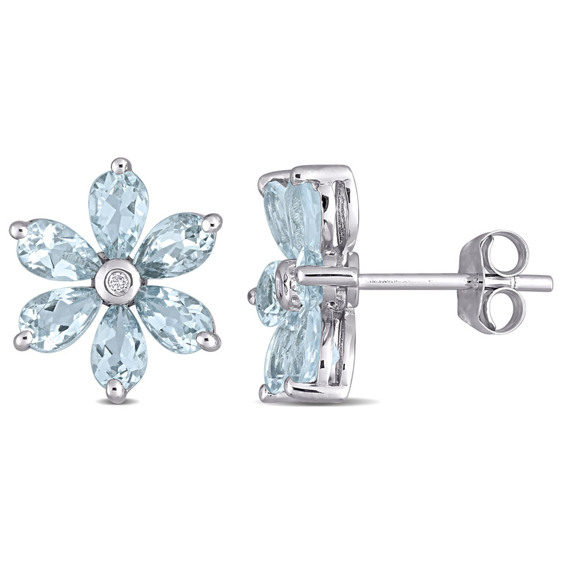 2 1/6 CT TGW Aquamarine and Diamond Accent Floral Stud Earrings in 14k White Gold
