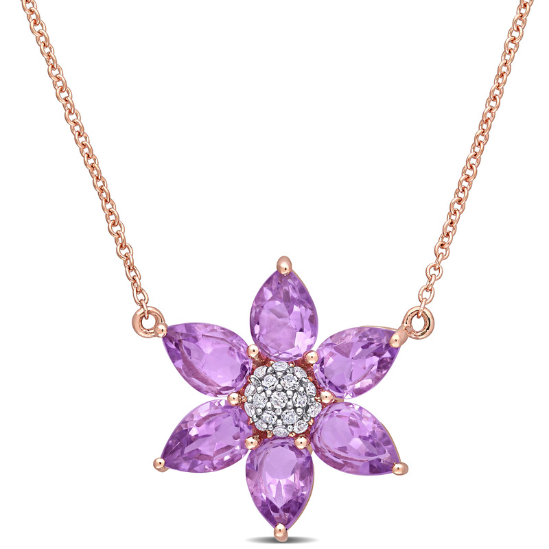 2 1/10 CT TGW Amethyst and 1/10 CT TW Diamond Floral Pendant with Chain in 10k Rose Gold
