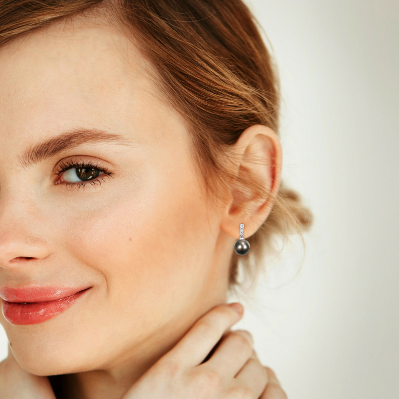 9-10 MM Black Tahitian Cultured Pearl and 1/4 CT TDW Diamond Drop Earrings in 10k White Gold