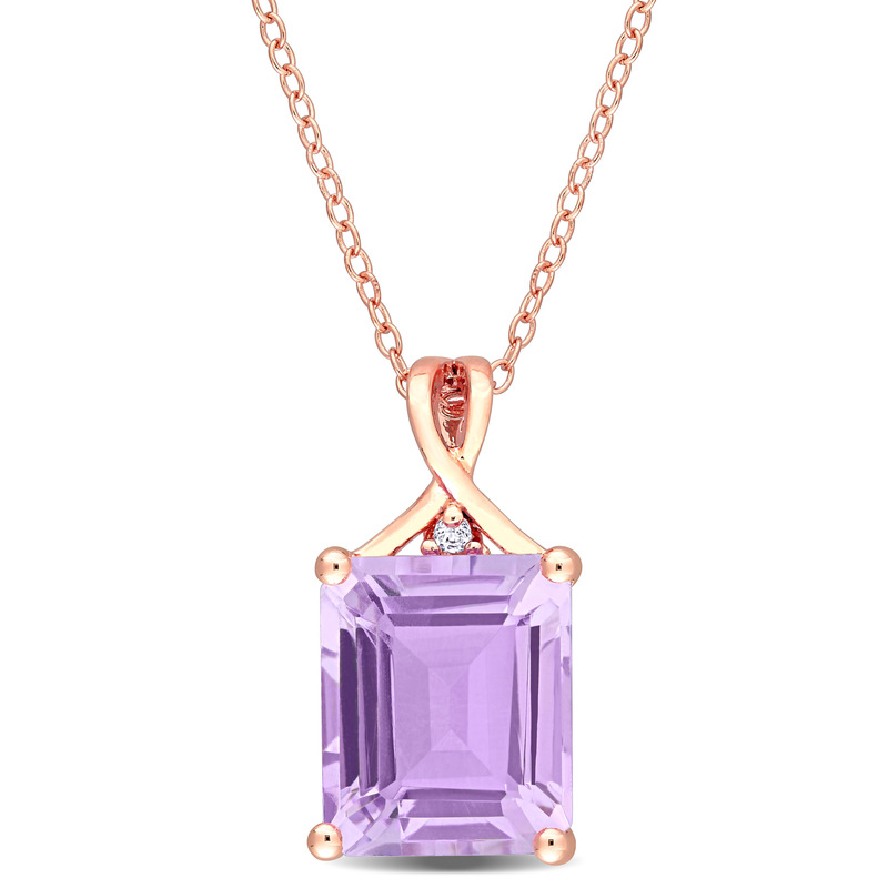 5/8 CT TGW Octagon Rose de France and White Topaz Pendant with Chain in Rose Plated Sterling Silver - 18 in.