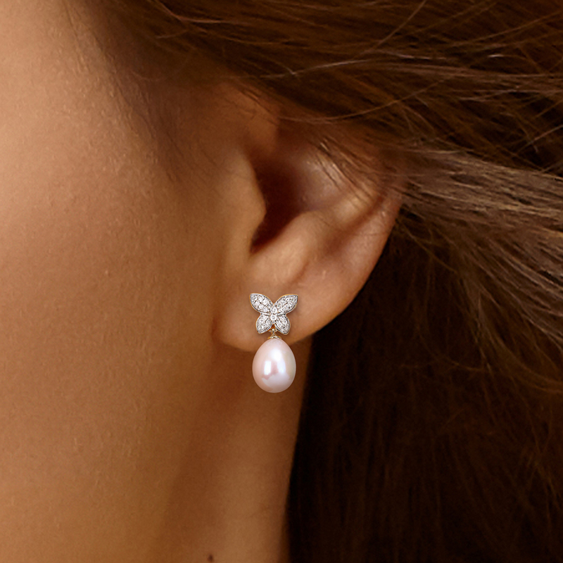 8.5-9 MM Freshwater Cultured Pearl and 1/8 CT TDW Diamond Butterfly Drop Earrings in 10k Yellow Gold