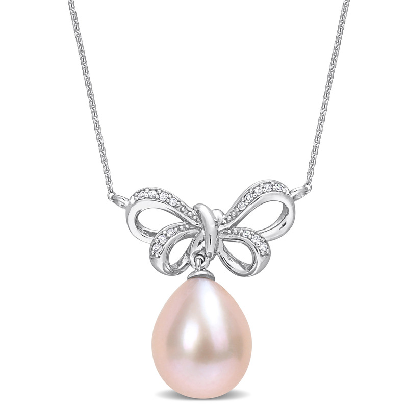 9.5-10 MM Freshwater Cultured Pink Pearl and Diamond Accent Bow Necklace in 10k White Gold