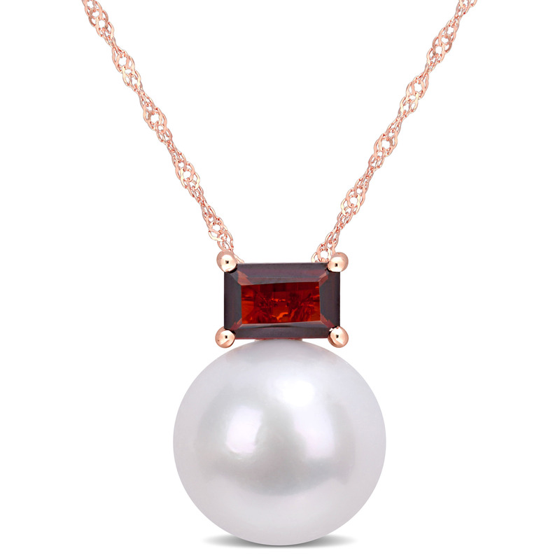 11-12 MM Cultured Freshwater Pearl and 3/4 CT TGW Baguette Garnet Stud Pendant with Chain in 10k Rose Gold