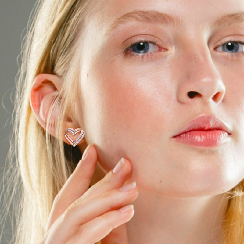 1/5 CT TW Diamond Open Heart Earrings in Rose Plated Sterling Silver