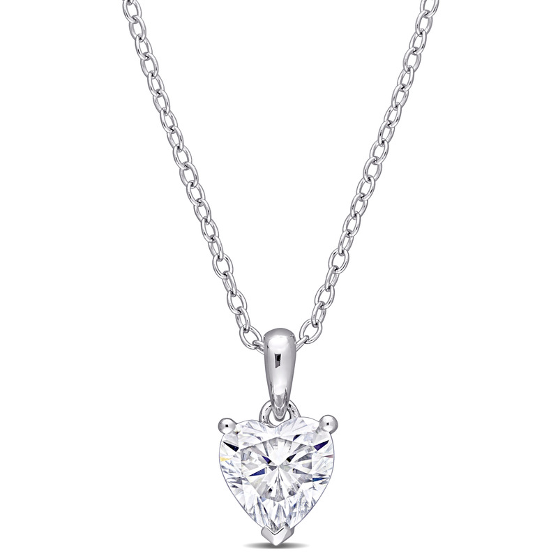 1 CT DEW Heart Shaped Created Moissanite Solitaire Pendant With Chain in Sterling Silver - 18 in.
