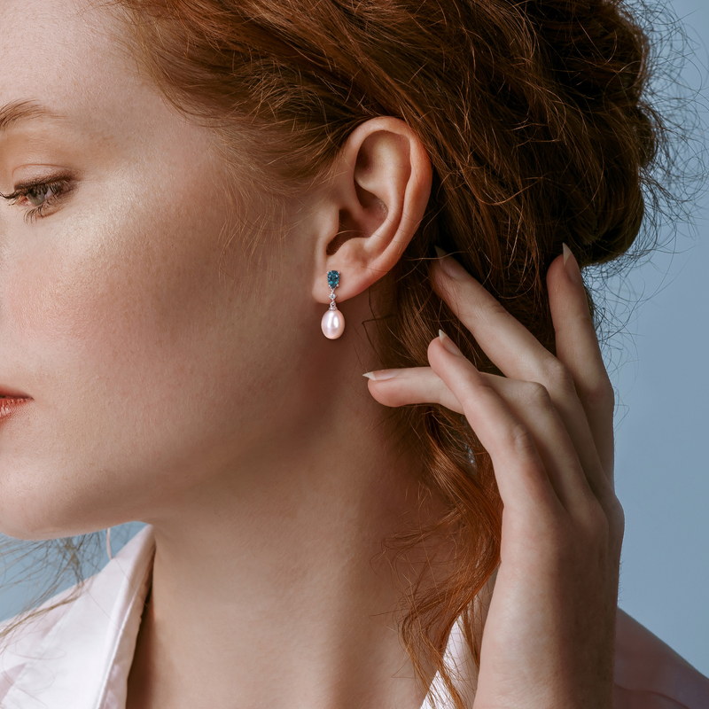 8-8.5 MM Freshwater Cultured Pearl 1 CT TGW Oval-Cut Blue Topaz and Diamond Accent Drop Earrings in 10k White Gold
