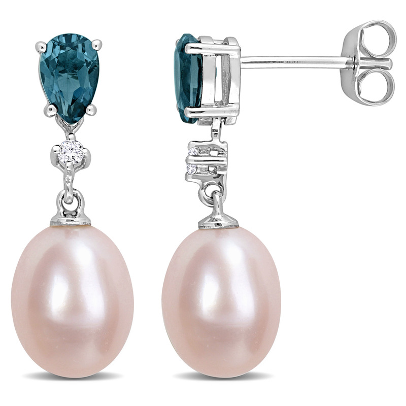 8-8.5 MM Freshwater Cultured Pearl 1 CT TGW Oval-Cut Blue Topaz and Diamond Accent Drop Earrings in 10k White Gold