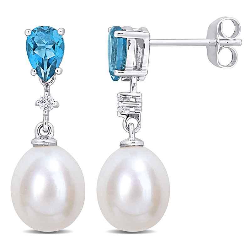 8-8.5 MM Freshwater Cultured Pearl 1 CT TGW Pear-Cut London Blue Topaz and Diamond Accent Drop Earrings in 10k White Gold