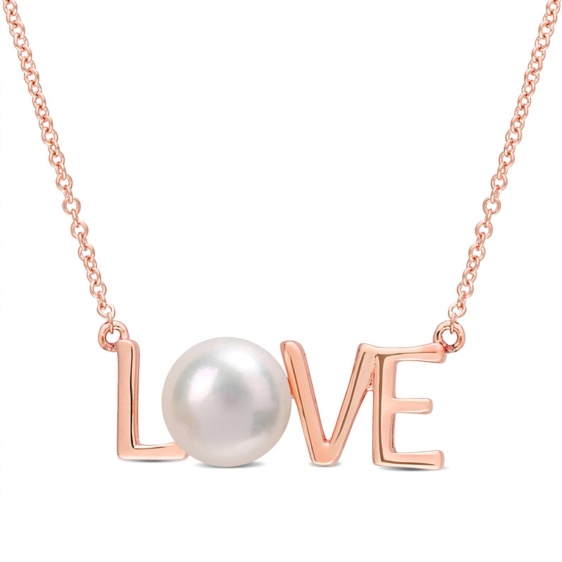 7-7.5 MM Freshwater Cultured Pearl LOVE Pendant with Chain in 10k Rose Gold