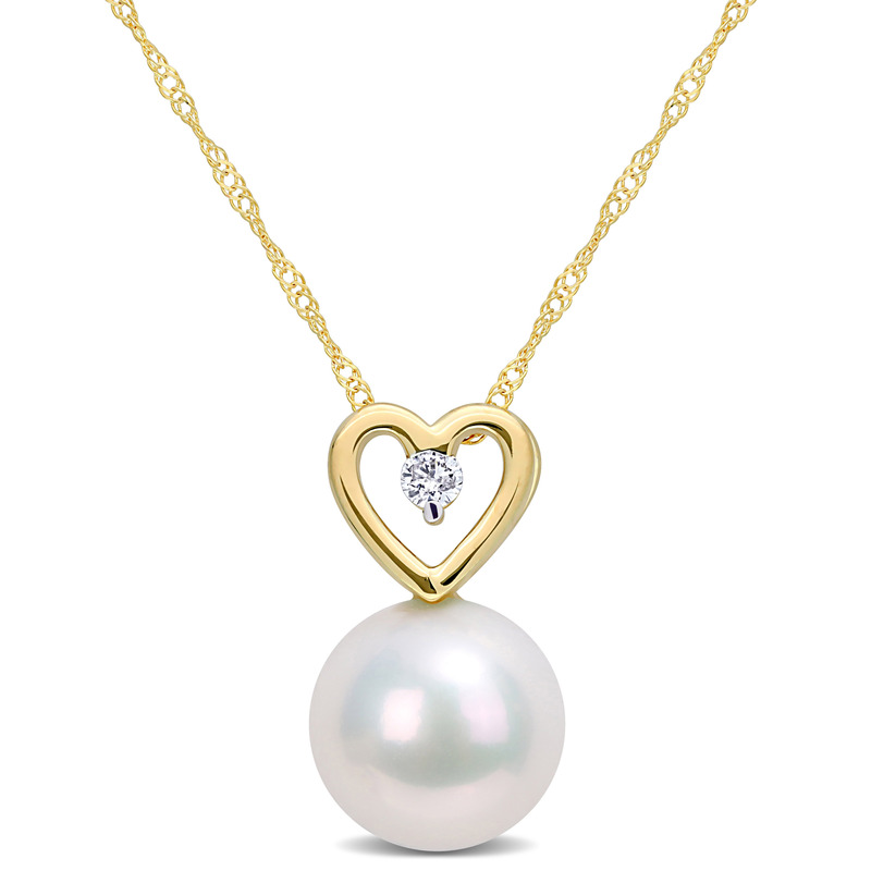 9.5-10 MM Freshwater Cultured Pearl and Diamond Accent Heart Drop Pendant with Chain in 10k Yellow Gold