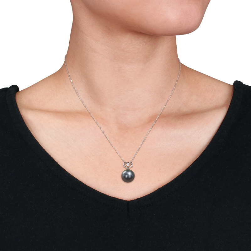9.5-10 MM Black Tahitian Cultured Pearl and Diamond Accent Heart Drop Pendant with Chain in 10k White Gold