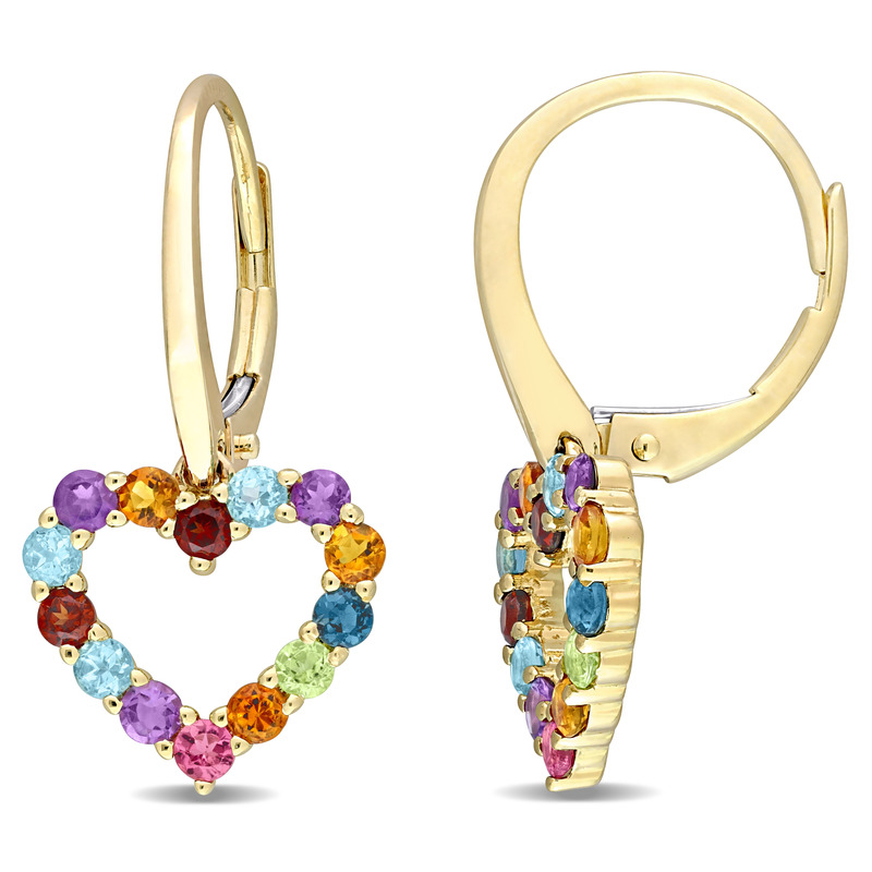 1 CT TGW Multi-Color Gemstone Heart Leverback Earrings in 10k Yellow Gold
