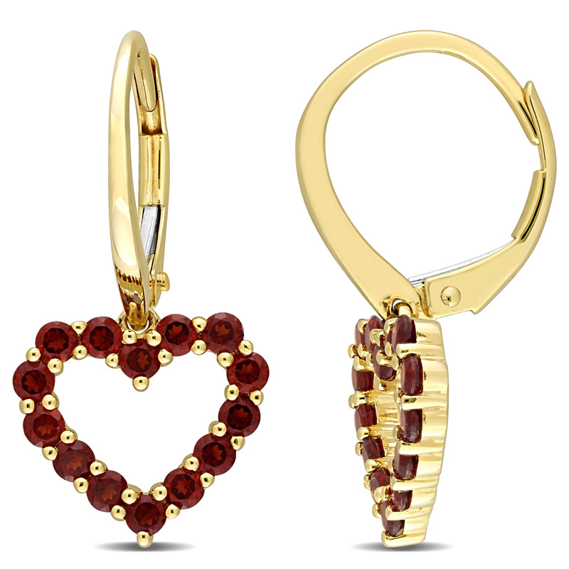 1 1/8 CT Garnet Heart Leverback Earrings in 10k Yellow Gold