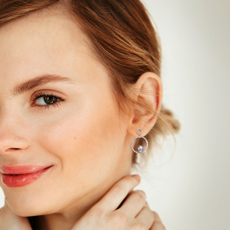 8-8.5 MM Black Tahitian Cultured Pearl and 1 1/10 CT TGW White Sapphire Circle Earrings in 10k White Gold