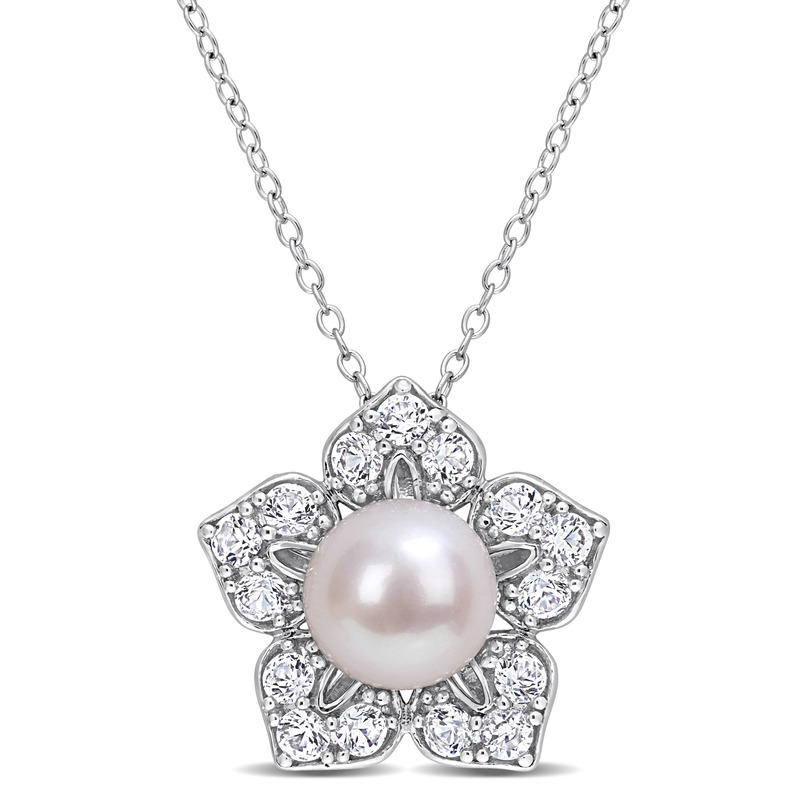 8-9 MM White Freshwater Cultured Pearl and 1 1/3ct TGW Created White Sapphire Flower Pendant with Chain in Sterling Silver