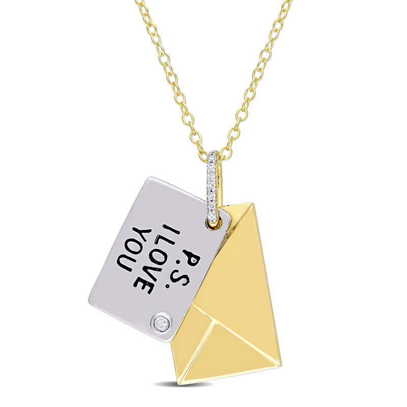 Diamond Accent Letter Envelope I Love You Pendant with Chain in Yellow Plated Sterling Silver