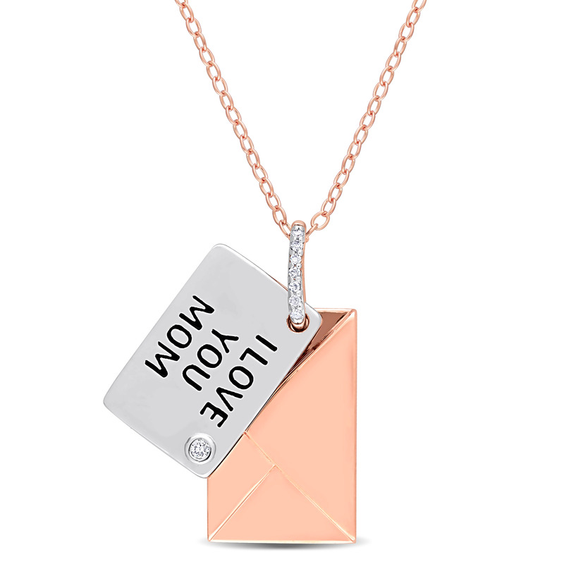 Diamond Accent Letter Envelope I Love You Pendant with Chain in Rose Plated Sterling Silver