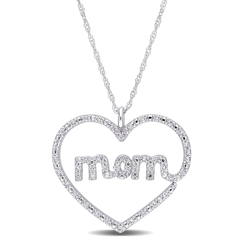 1/5 CT TDW Diamond Heart MOM Pendant with Chain in 10k White Gold
