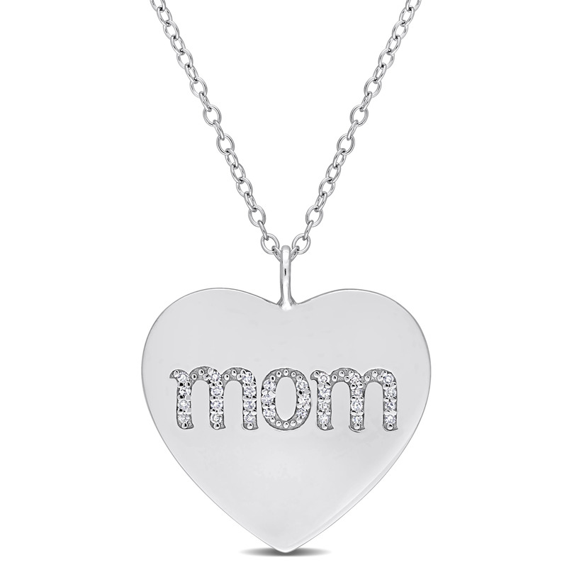 1/10 CT TDW Diamond 'Mom' Engraved Heart Pendant with Chain in Sterling Silver