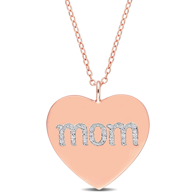 1/10 CT TDW Diamond 'Mom' Engraved Heart Pendant with Chain in Rose Plated Sterling Silver