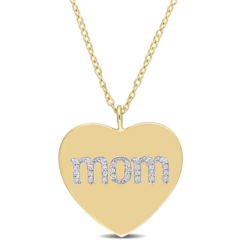 1/10 CT TDW Diamond Mom Heart Pendant with Chain in Yellow Plated Sterling Silver