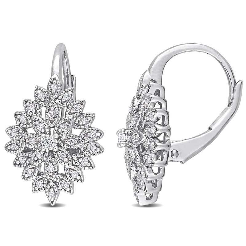 1/5 CT TW Diamond Cluster Leverback Earrings in Sterling Silver
