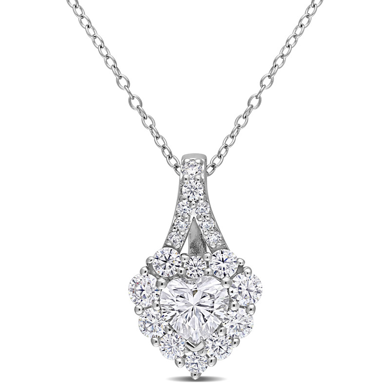 2 CT DEW Created Moissanite Halo Heart Pendant with Chain in Sterling Silver - 18 in.