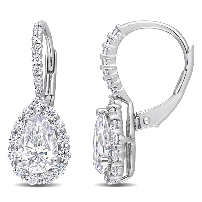 2 5/8 CT DEW Created Moissanite Teardrop Halo Leverback Earrings in Sterling Silver