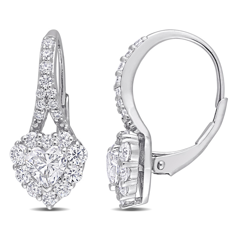 2 CT DEW Created Moissanite Heart Halo Leverback Earrings in Sterling Silver