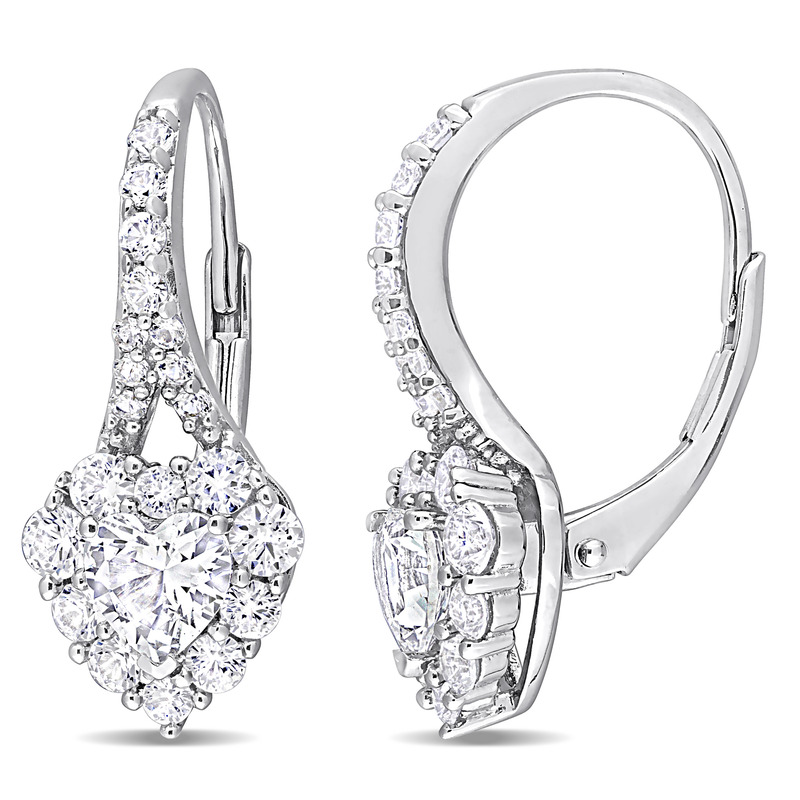 2 2/5 CT TGW Created White Sapphire Halo Heart Leverback Earrings in Sterling Silver