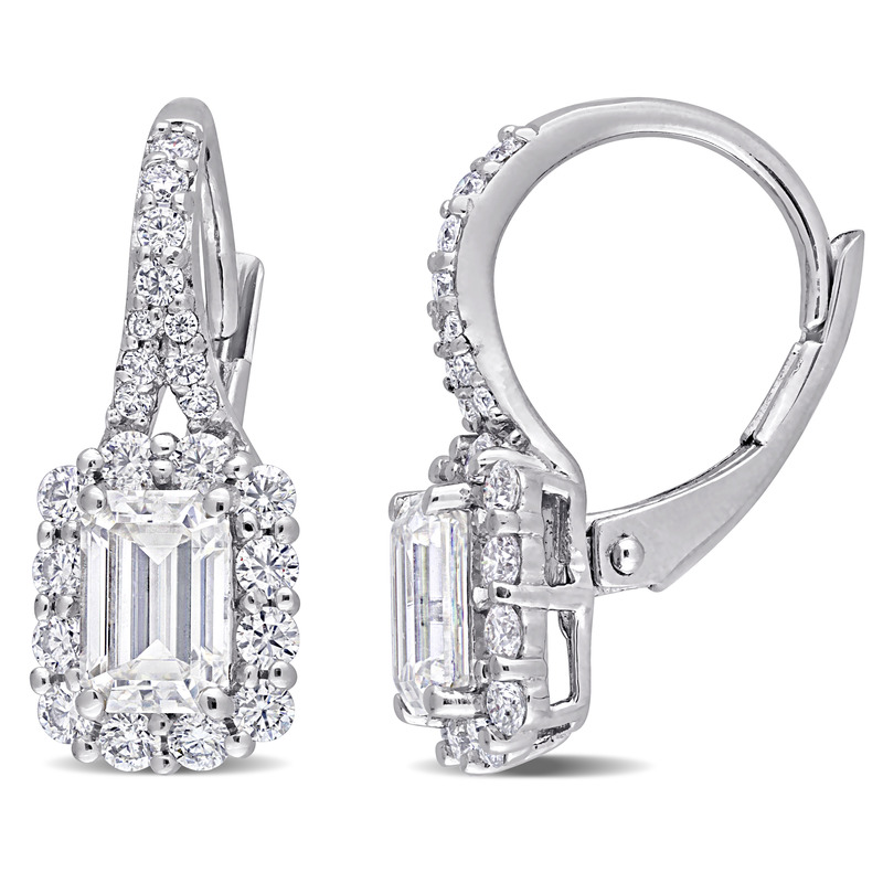 1 5/8 CT DEW Created Moissanite Halo Leverback Earrings in Sterling Silver
