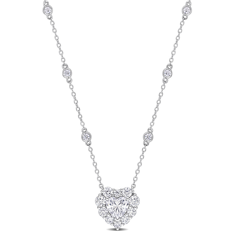2.07 CT DEW Heart Shape Created Moissanite Halo Station Necklace in Sterling Silver - 18+2 in.