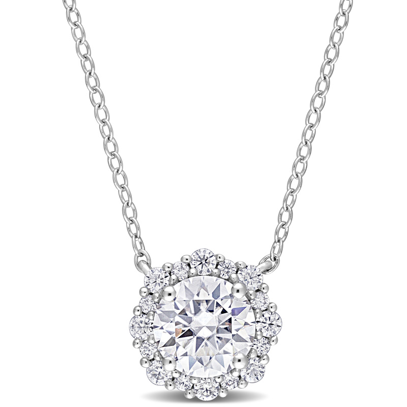 1 1/2 CT DEW Created Moissanite Halo Necklace in Sterling Silver - 18 in.