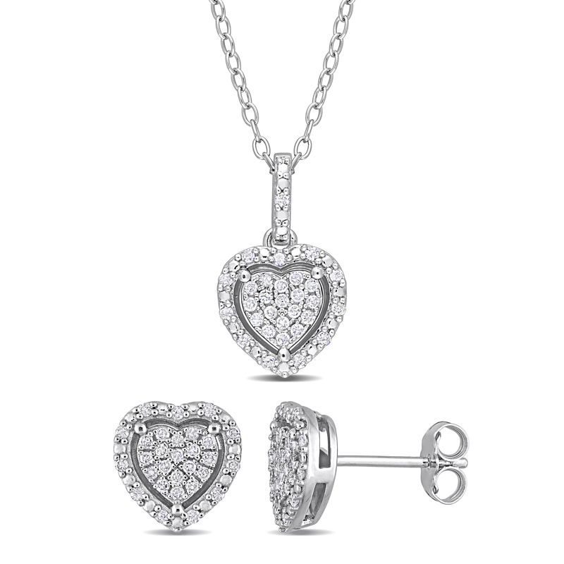 2/5 CT TW Diamond Heart Cluster Earrings and Pendant with Chain Set in Sterling Silver - 18 in