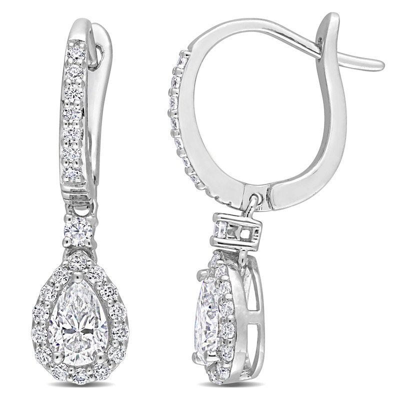 1 3/8 CT DEW Created Moissanite Teardrop Halo Drop Earrings in Sterling Silver