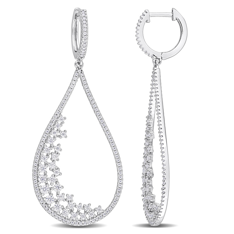 1 5/8 CT TGW Created White Moissanite Filigree Design Teardrop Hoop Earrings Sterling Silver