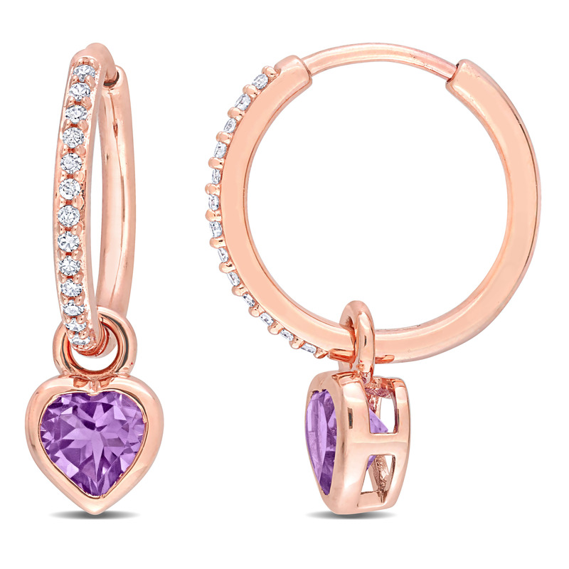 4/5 CT TGW Amethyst and 1/8 CT TDW Diamond Heart Huggie Earrings in 10k Rose Gold