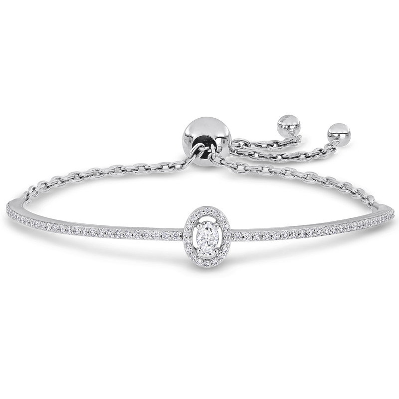 3/4 CT DEW Created Moissanite Oval Halo Adjustable Bolo Bracelet in Sterling Silver - 5-10 in.