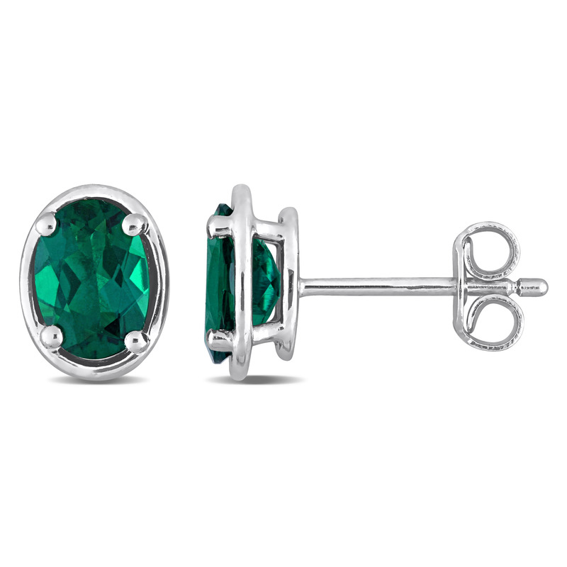1 3/5 CT TGW Created Emerald Bezel Style Oval Stud Earrings in Sterling Silver